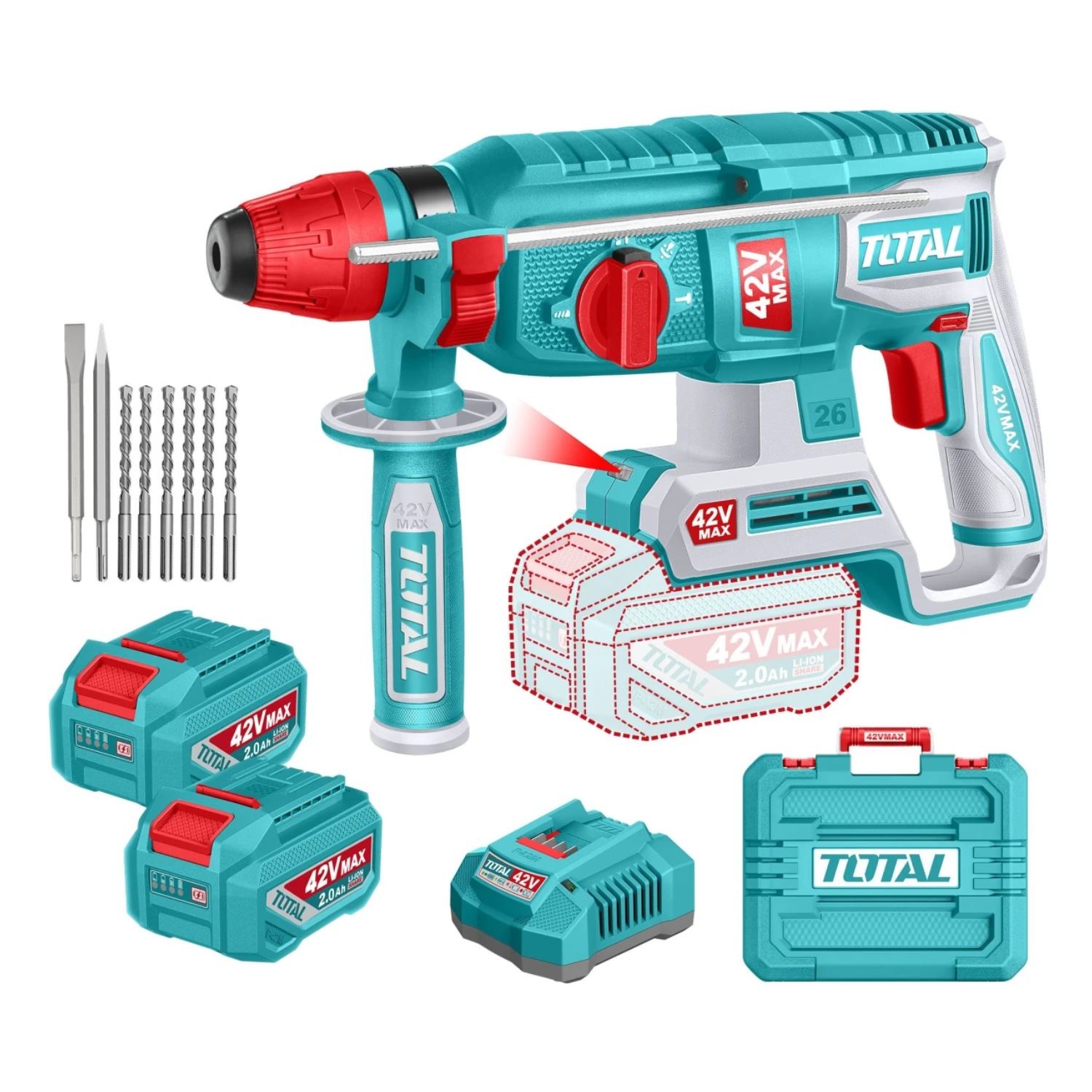 Rotomartillo SDS Plus 2.5J + 2 Batería y Cargador 42v Total